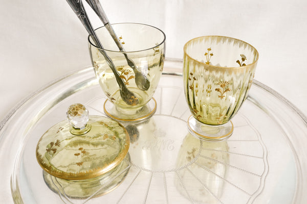 Green Crystal Glass and Sugar Bowl Set