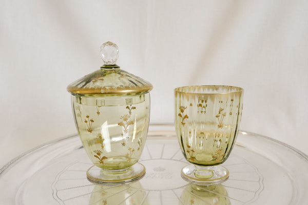 Green Crystal Glass and Sugar Bowl Set