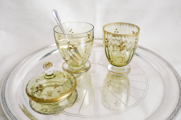 Green Crystal Glass and Sugar Bowl Set
